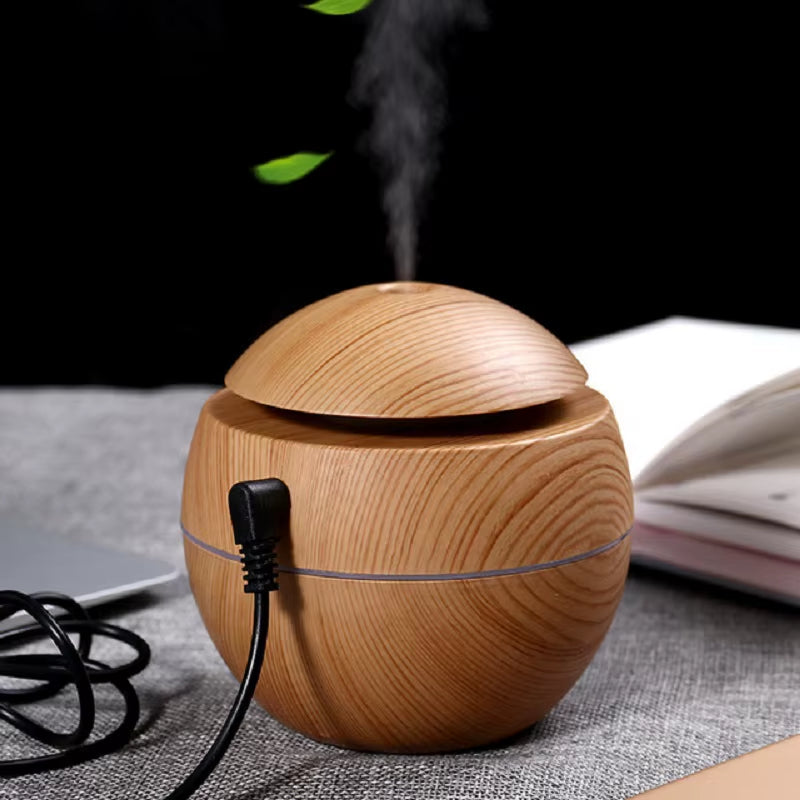 Portable Mini Wood-Grain Spherical Desktop Air Humidifier Purifier Aromatherapy Machine for Home Large Capacity